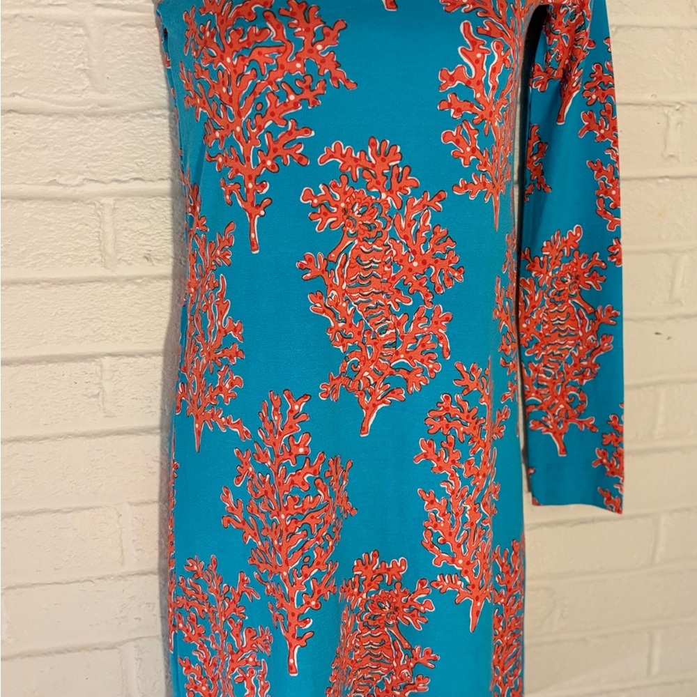 Lilly Pulitzer Whitaker One Shoulder Turquoise Coral Siesta Jersey Dress, XS - Picture 4 of 7
